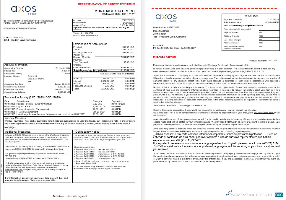 Download USA Axos Bank mortgage statement in Word and PDF formats, 3 pages 1 2 Photoshop template